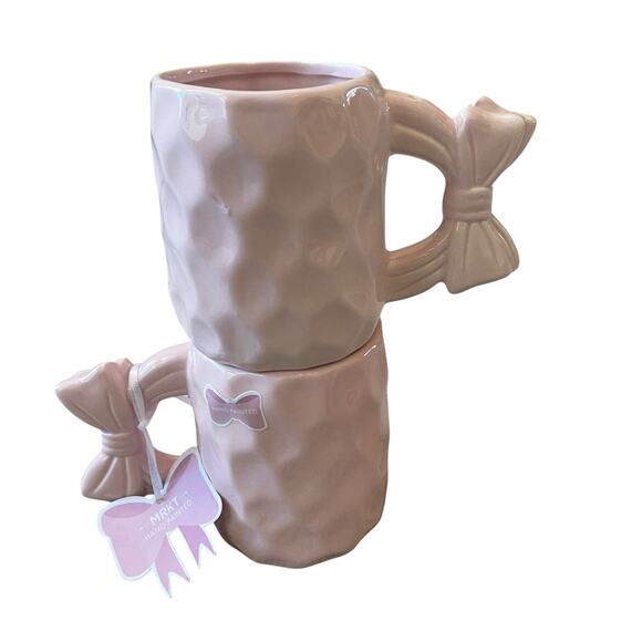 Market Finds Hand Painted Pink Bow Handle Ceramic Coffee Tea Mug Set of 2 NEW - Picture 12 of 13